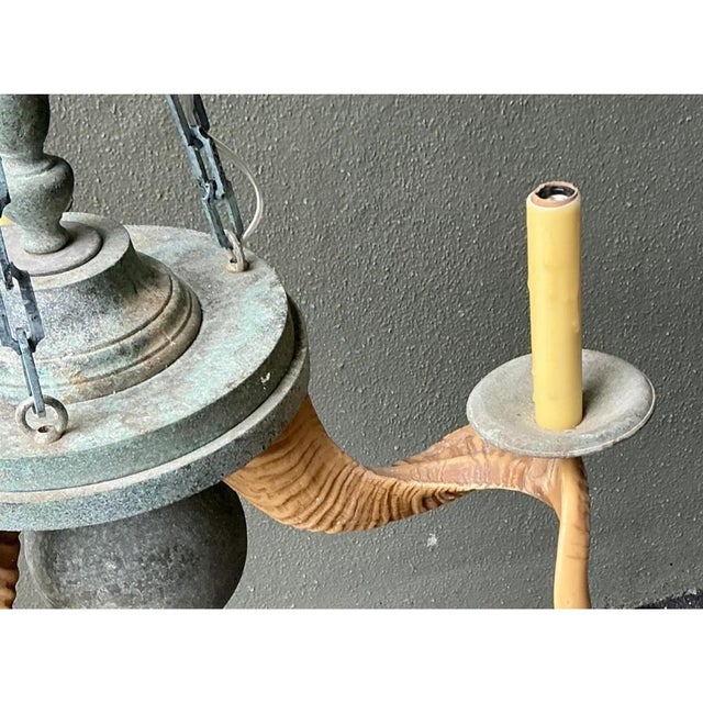 Vintage Horn Motif Metal Hanging Light For Sale - Image 10 of 12