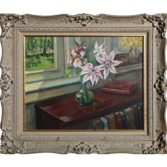 Figurative Still Life of Flowers on Bookshelf, Amanda Venelia Van Der Voort For Sale - Image 3 of 3
