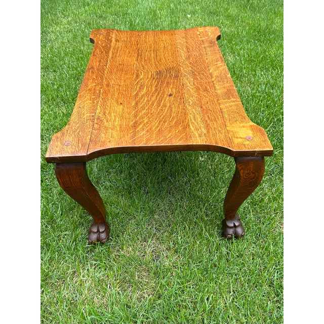 Antique, Tiger Oak, Coffee Table With Cabriole Legs, Eagle’s Talon Feet, and Wooden Casters, 1870’s For Sale - Image 4 of 12