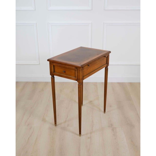 French 20th Century Louis XVI Style Cherrywood Side Table with Leather Top For Sale - Image 4 of 12