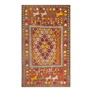 1900s Red Geometric Human Antique Indian Agra Hank Knotted Rug 4'2"x6'10" Wool Carpet For Sale