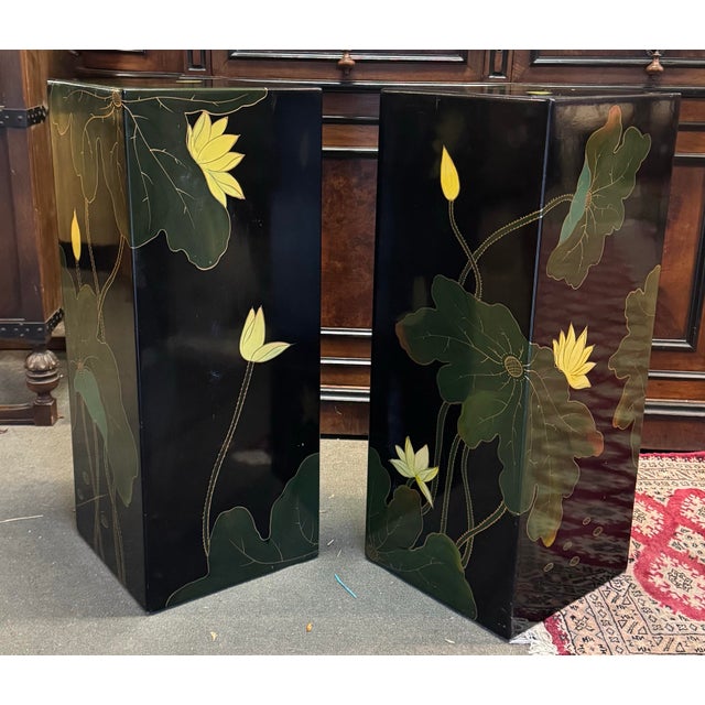 Asian Asian Floral Pedestal a Pair Black Lacquer Hand Painted For Sale - Image 3 of 5