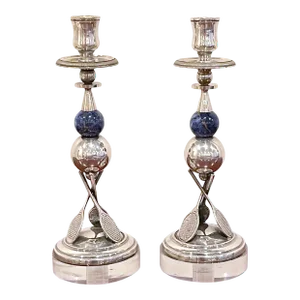 Mid 20th Century Italian Silver-Plated, Lapis & Lucite Tennis Motif Candlesticks - a Pair