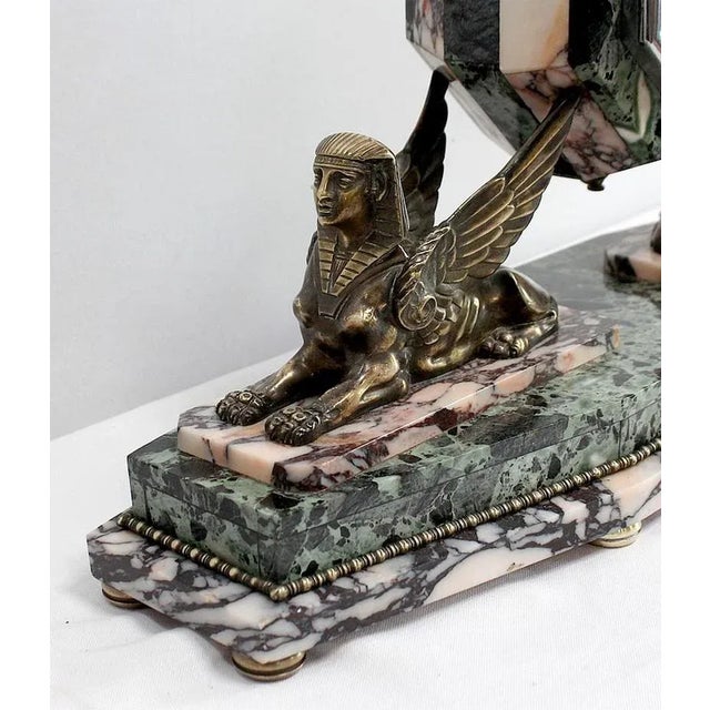 Art Deco Marble and Bronze Mantel Clock & Decoration, 1940s, Set of 3 For Sale - Image 10 of 18
