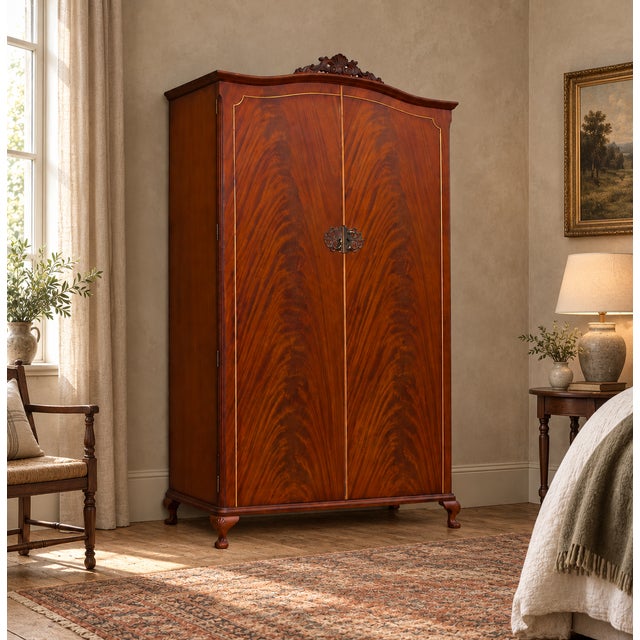 A 1950s double wardrobe with beautifully figured bookmatched mahogany doors, fine line inlay, an ornate central escutcheon...