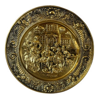 Vintage English Embossed Brass Plate - Colonial Family Scene For Sale