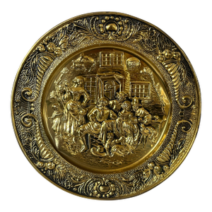 Vintage English Embossed Brass Plate - Colonial Family Scene