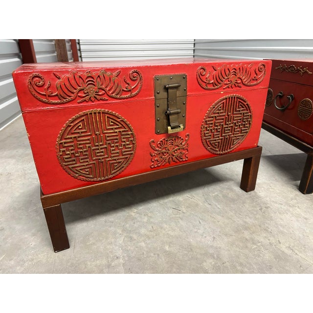Fabulous Vintage Chinese Lacquered Pigskin Trunks, A Pair For Sale - Image 4 of 12