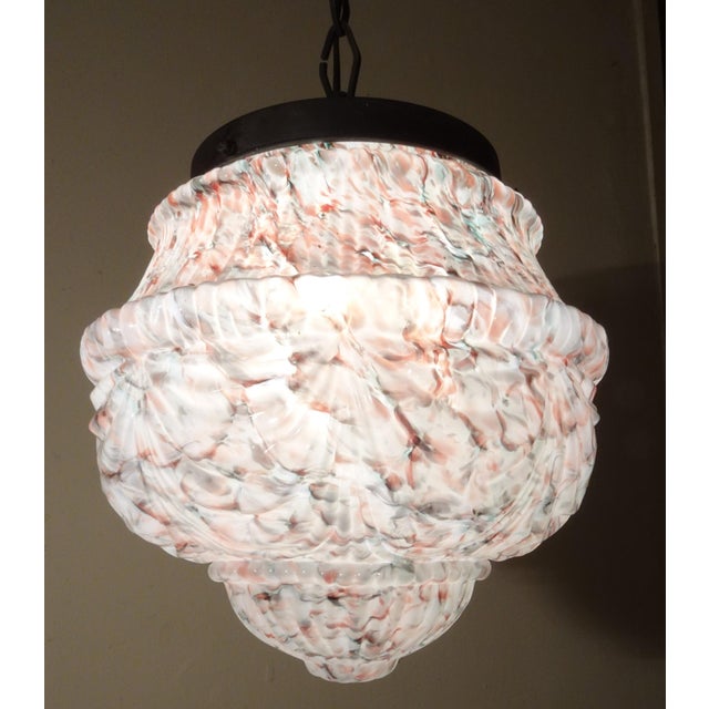 Glass Art Deco Opaline Pate de Verre Chandelier with Relief Decorations, 1920s For Sale - Image 7 of 17