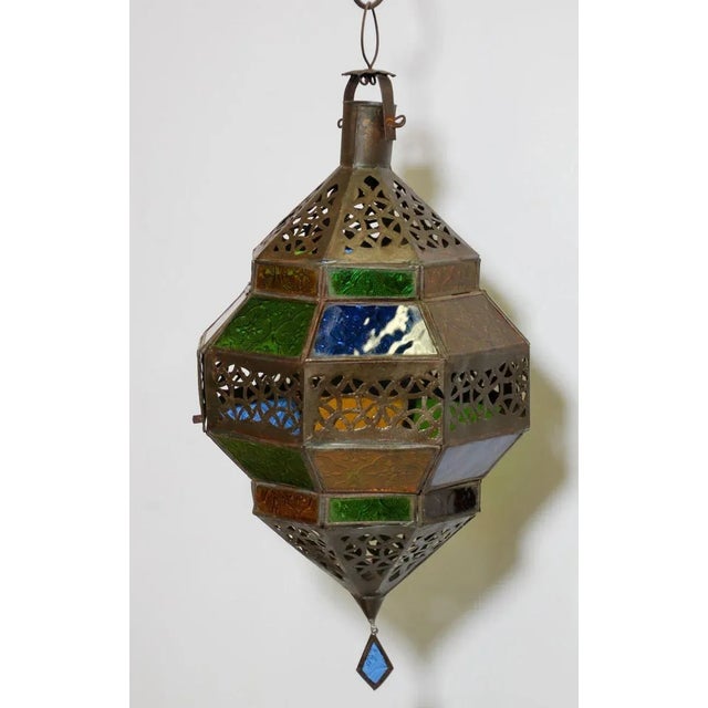 Handcrafted Moroccan Metal and Multi-Color Glass Lantern Octagonal Diamond Shape For Sale - Image 4 of 13