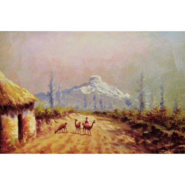 This artwork "Landscape with Llamas" c.1950 is an oil painting on canvas board by Ecuadorian artist Gustavo Moncayo,...