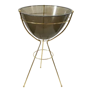 Mid Century Modern Bullet Planter Atomic Smoke Gray Metallic Gold Fleck Brass Tone Plant Stand