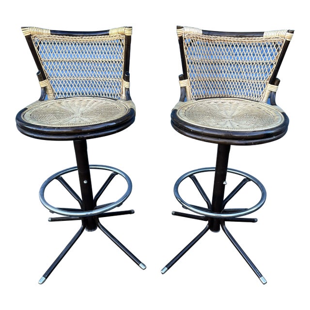 1970s MidCentury Modern Black Metal & Wicker Barstools a Pair Chairish