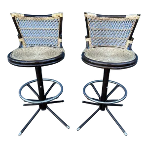 1970s Mid-Century Modern Black Metal & Wicker Barstools- a Pair