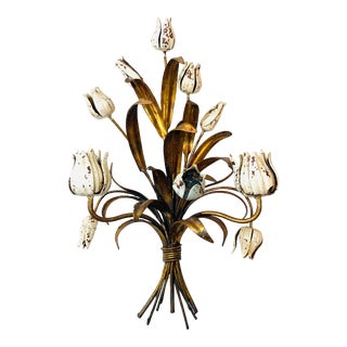 Vintage Mid 20th Century Italian Florentine Sconce With Tole Flowers For Sale