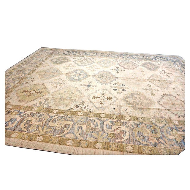 21st Century Turkish Oushak Wool 13x18 Tan, Blue & Ivory Handmade Oversized Area Rug #1144135 For Sale - Image 4 of 17