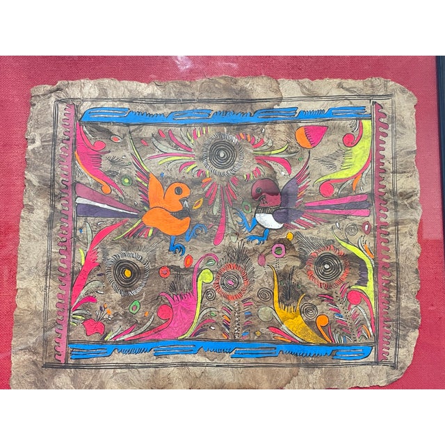Red Framed Folk Art Bird Painting on Textured Paper | Colorful Floral Wall Art, C. 1960’s For Sale - Image 8 of 10