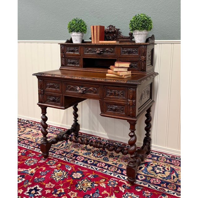 BEAUTIFUL Antique French Oak Louis XIII Style Renaissance Revival Writing Desk with Drawers and Barley Twist Legs and...