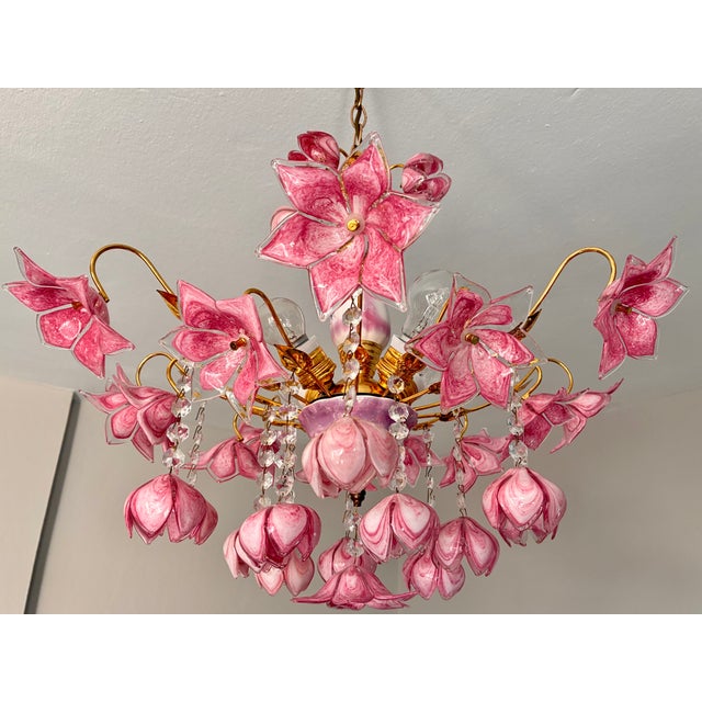 1980s Vintage Murano Style Large Chandelier, Pink Floral Chandelier, Bouquet Style Ceiling Light, 4-Light Flush Mount For Sale - Image 5 of 16