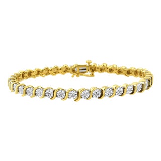 14K Yellow Gold Plated .925 Sterling Silver 1/10 Cttw Diamond Round Miracle Plate and "S" Link Tennis Bracelet - 7" For Sale