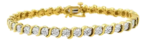 14K Yellow Gold Plated .925 Sterling Silver 1/10 Cttw Diamond Round Miracle Plate and "S" Link Tennis Bracelet - 7"
