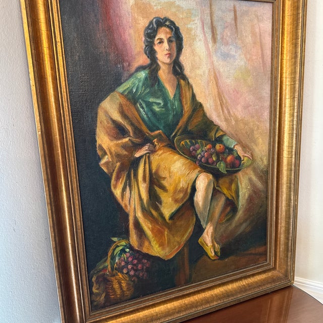 Vintage Italian Style Oil Painting Lady With Fruit Still Life ~ Signed For Sale - Image 4 of 10