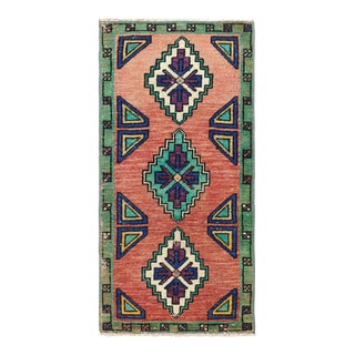 Vintage Oushak Rug in Pink & Blue, With Geometric Medallions, From Rug & Kilim For Sale