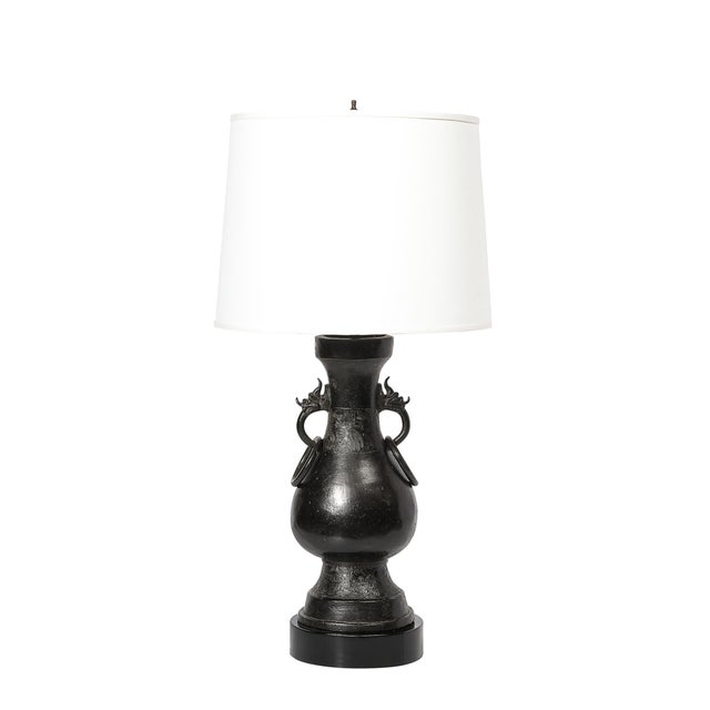 Mid-Century Modern Pair of Mid-Century Iron Dragon Amphora Chinoiserie Table Lamps W/ Ring Details For Sale - Image 3 of 15