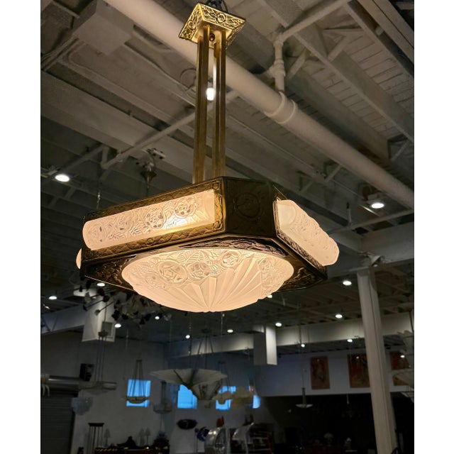 Brass French Art Deco Chandelier Signed by Degué For Sale - Image 8 of 9