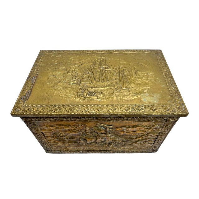 Ornate Embossed Brass Log Box with Ships Scène, 1920s For Sale - Image 6 of 13