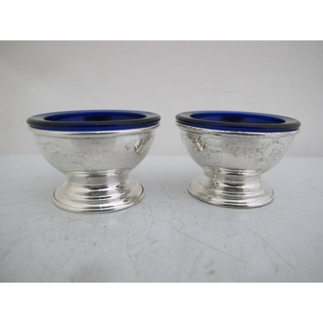 Blue Reed & Barton Sterling Silver Cobalt Blue Glass Liner Pedestal Salt Cellar Pair For Sale - Image 8 of 8