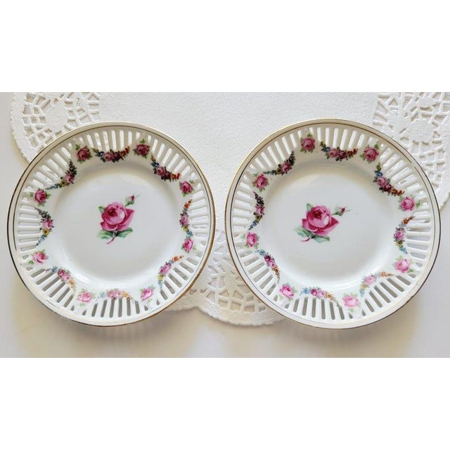 Pair of Vintage Pastry Dish Bavaria Germany Reticulated Small Plates Berry~Dessert~Saucer Decorative Plates, Wall Hanging Fine China 4.75 For Sale In Jacksonville, FL - Image 6 of 7