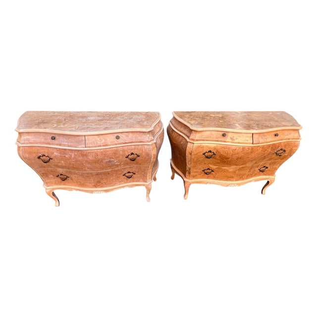 Mid 20th Century Pair Bombe Burl Wood Commodes Italy For Sale