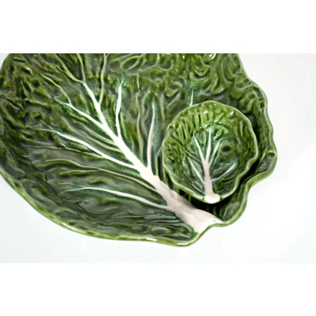 Green Majolica Cabbage Leaf Chip & Dip or Crudité Platter For Sale - Image 9 of 11
