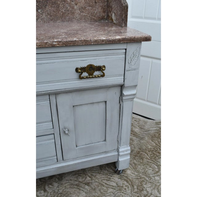 Late 19th Century Antique Walnut Washstand Commode Pink Marble Top Gray Cottage Distressed 1880s For Sale - Image 5 of 12
