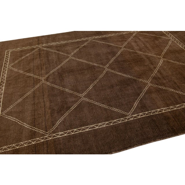Modern Moroccan Style Brown Handmade Tribal Wool Rug For Sale In New York - Image 6 of 8