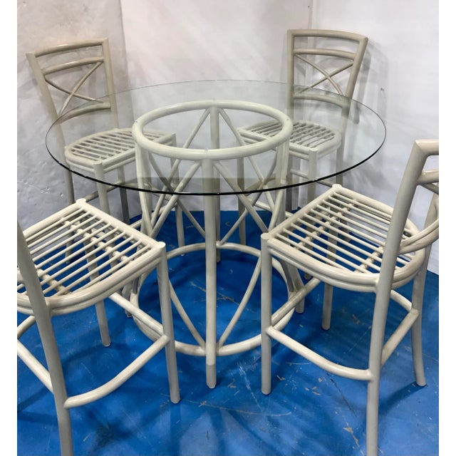 Original Retail $17,985, stylish Baker / McGuire Modern Dove Gray Outdoor Gondola High Top Dining Table and Chairs Set,...