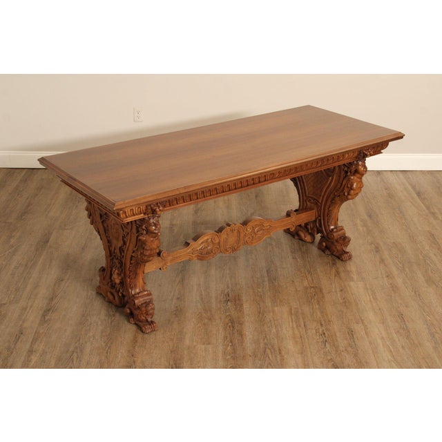 High Quality Antique Late 19th Century Walnut Library Table with Carved Figureheads and Lion Masks