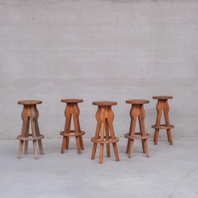 Mid-Century Brutalist Oak Bar Stools, Belgium, 1970s, Set of 5 For Sale - Image 10 of 10
