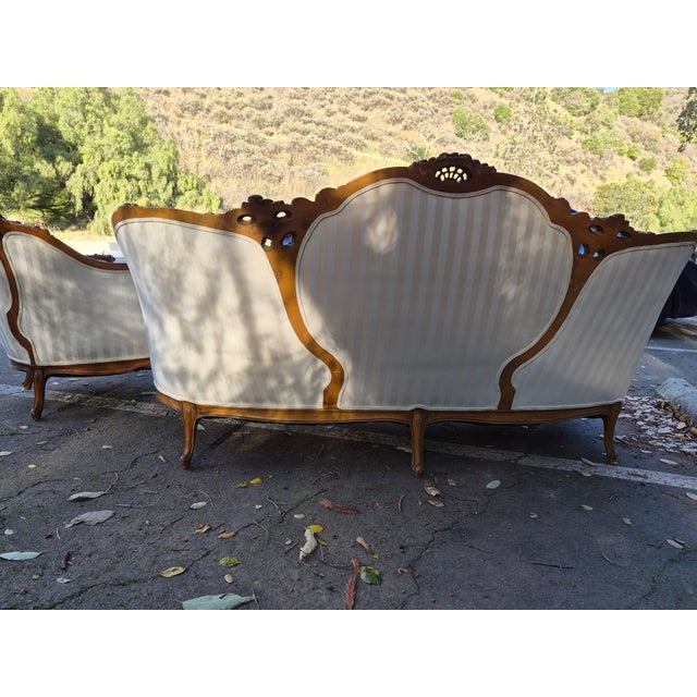 Shabby Chic White Striped Satin Louis Xv Rococoo Revival Parlor Set For Sale - Image 3 of 4