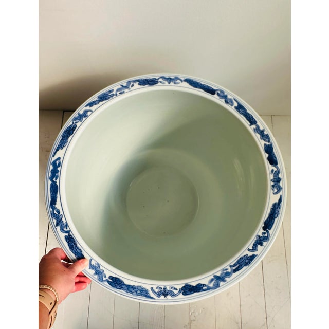 Ceramic Vintage Extra Large Blue and White Chinese Dragon Chinoiserie Porcelain Fishbowl Jardiniere Planter For Sale - Image 7 of 11