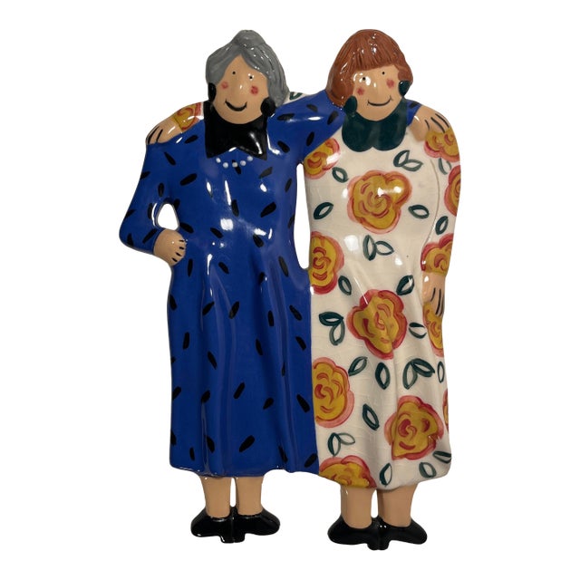 2005 Baci Studio Pottery DI Sante Sisters Wall Plaque Italian Glazed Ceramic For Sale