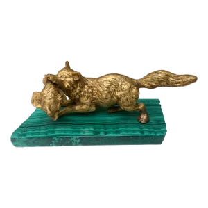 Antique Gilt Bronze Hunting Fox Statue on Malachite Base, Early 20th Century