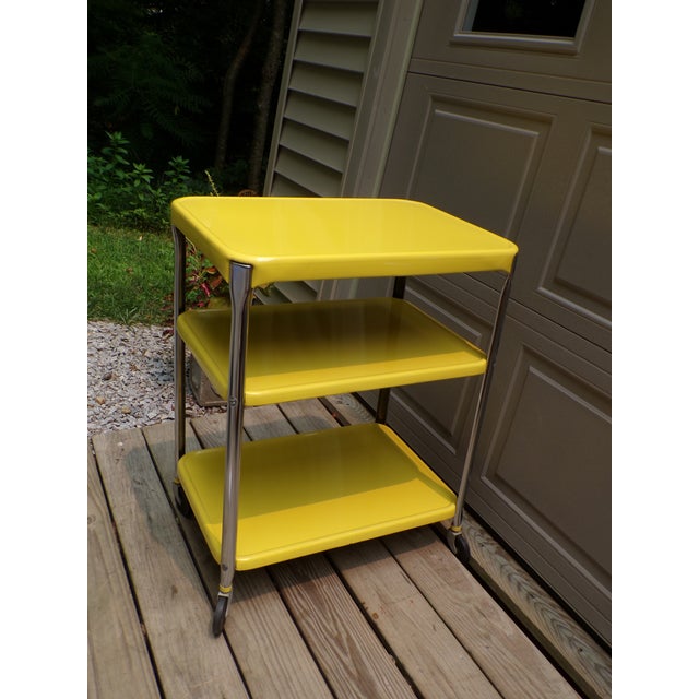 Vintage Industrial Yellow Cosco Chrome Kitchen 3 Shelf Utility Cart With Wheels For Sale - Image 9 of 18