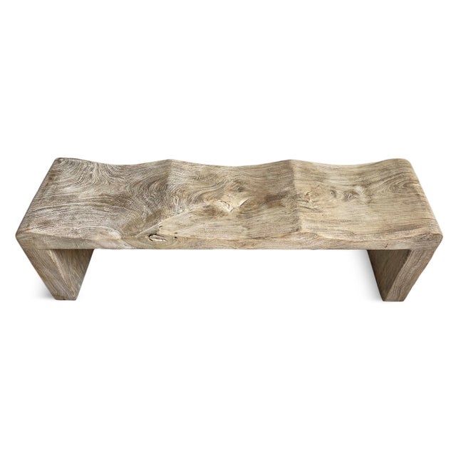 2020s Coastal Organic Modern Washed Teak Wave Bench For Sale - Image 5 of 6