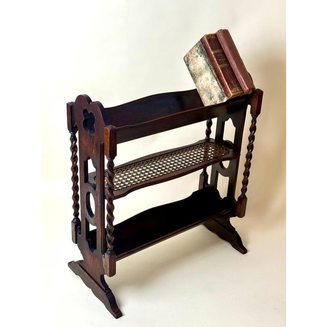 English Gothic Revival Oak Canterbury Bookcase with Original Cane, 1890 For Sale - Image 3 of 14
