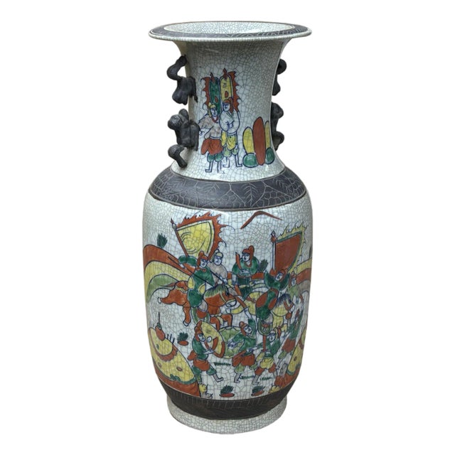 Orient Crackle Gray Warrior Graphic Artistic Pottery Ceramic Vase For Sale