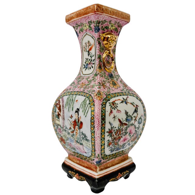 Ceramic Vintage Chinese Famille Rose Petite Square Baluster Vases With Removable Stands - Pair For Sale - Image 7 of 18