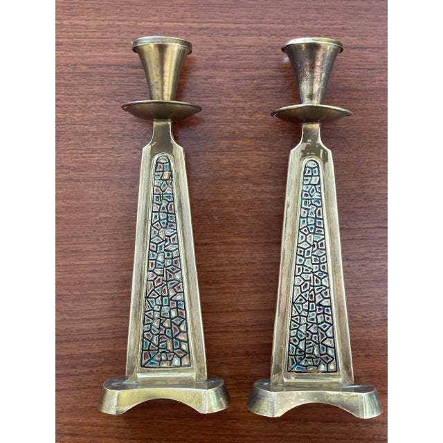 1970s Pair of Mid-Century Modern Brass and Enamel Shabbat Candlesticks For Sale In Los Angeles - Image 6 of 6