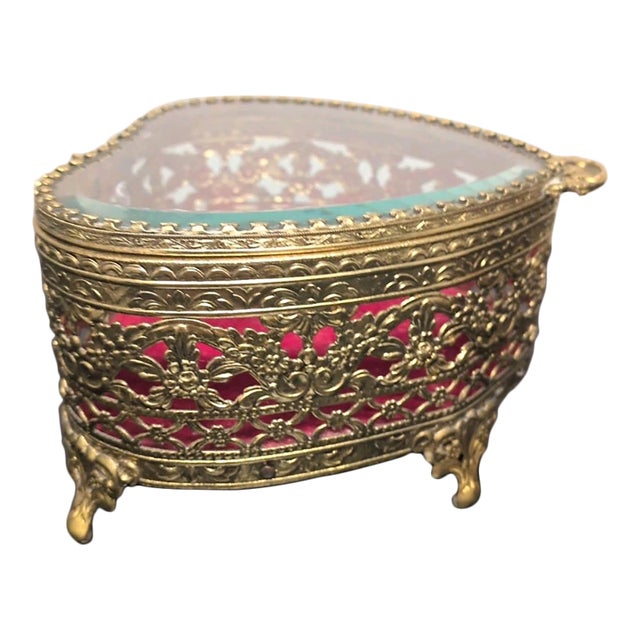 Vintage Heart Shaped Ormolu Jewelery Box For Sale